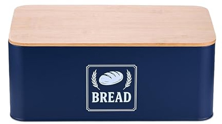 Panera Relaxdays, Tapa de bambú, Metal, HBT: 13,5 x 33 x 19 cm, Caja Retro para Pan, Recipiente, Azul Oscuro