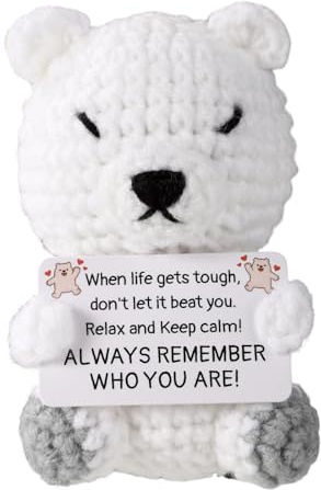 TOYMIS Positiver Eisbär Häkeln, Gepolarter Bär mit Karte Emotionale Unterstützung Häkeln Tier Puppe für Geburtstag Christmas Stocking Stuffers Ermutigung Geschenk (für Freunde)