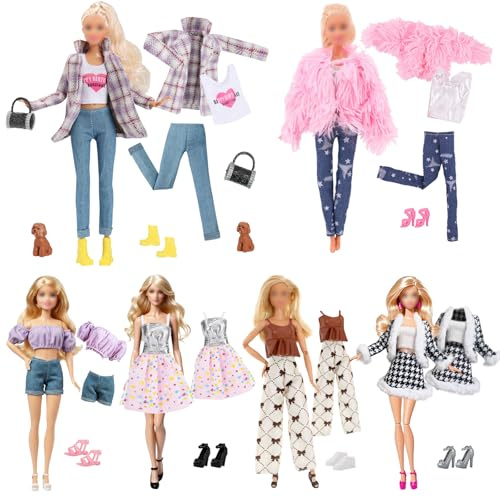 14 Stück Kleidung und Zubehör für 11,5 Zoll Puppen, Modischer lila Mantel Hahnentrittmuster-Anzug Abendkleid-Ensemble 1 Tüllrock Lässiges Outfit 6 Paar Schuhe 1 Handtasche 1 Hund