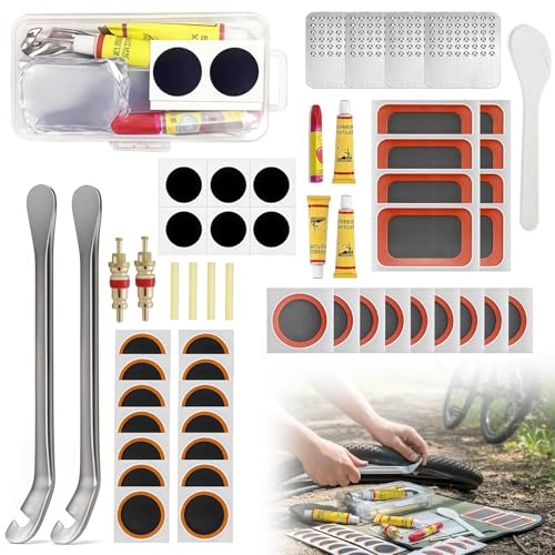 Fahrrad Flickzeug Set 56 Stück, Reifenflickzeug Set Fahrrad Reparaturset mit Selbstklebenden Flicken Reifenhebern Ventilkernen Tragbare Aufbewahrungsbox,Reifenreparaturset für MTB,BMX,Rennrad,E-Bike