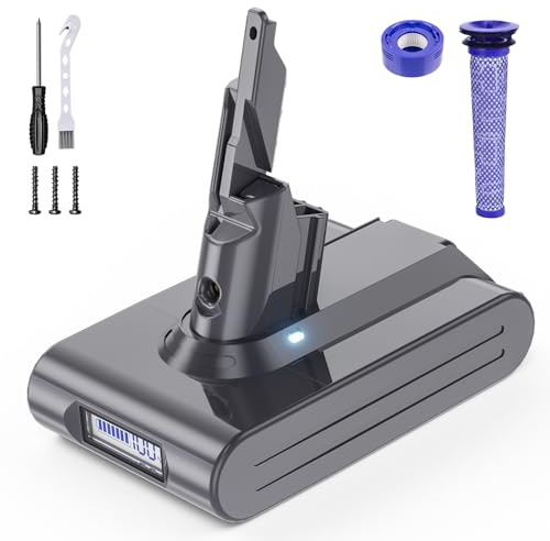 6.0Ah Akku Ersatzakku für Dyson V7: Li-ION Batterie kompatibel mit V7 Absolute Mattress Allergy Trigger Fluffy Extra Animal Motorhead total clean mit LCD-Batterieanzeige (2 Filtern+1Schraubendreher)
