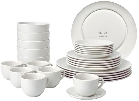 Bayt Geschirrset 6 personen, 30-teilig, Teller set aus Porzellan, Modernes weißes Geschirr für Alltag & besondere Anlässe, Spülmaschinen- & mikrowellengeeignet, Stapelbar (Weiß)