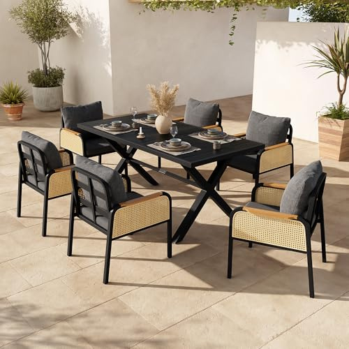 Merax Gartenmöbel Set mit Tisch und 6 Stühlen, Lounge- und Essgruppe für Terrasse Balkon Garten, Eisengestell, Rattan Armlehnen, Tischplatte in Holzoptik, Sitzkissen, Schwarz und Natur