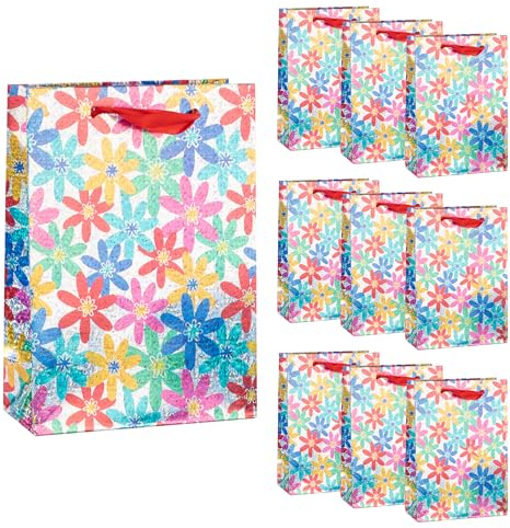 Idena 90547 - Geschenktüten Blumen, 10 Stück, Geschenktaschen in der Größe 25 x 34,5 x 8,5 cm, Papiertüten mit holografischem Effekt