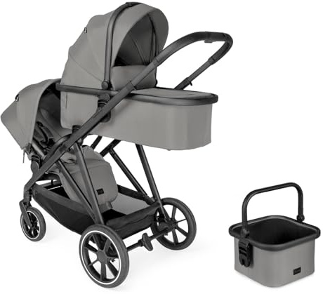 hauck Grow N Care Geschwisterwagen Set für Baby & Kleinkind, Dark Grey | Mit 1 Babywanne + 1 Sitzeinheit, extra Einkaufskorb, Antireflux Position für Neugeborene,