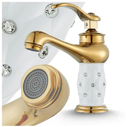 Waschtischarmatur Aristo – Elegantes Design aus Messing mit Wassersparsystem und Keramikventil für Badezimmer (Gold/Weiß)