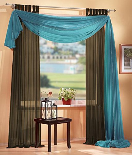 Gardinen Set, 2 x Schlaufenschal Voile, transparent, 245x140, Braun, 1 x Voile Querbehang, Freihanddeko, 140x600, Türkis, 61000560