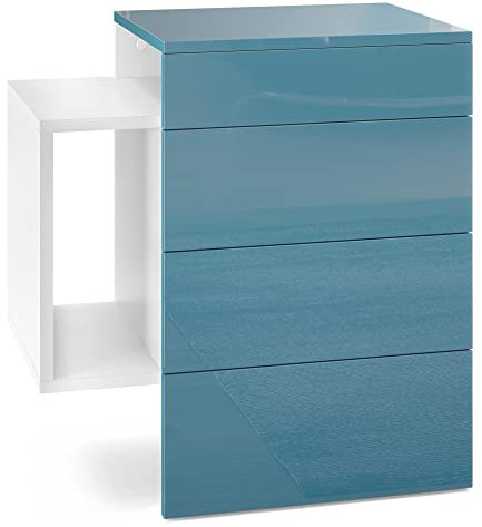 Vladon Nachttisch Queens, Made in Germany, Nachttischschrank mit 2 Schubladen und 1 seitlichem Fach zur Wandmontage, Weiß matt/Petrol Hochglanz (60 x 63 x 36 cm)