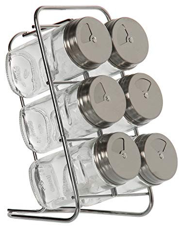 Set aus 6 Gewürzdosen aus Glas und Edelstahl mit Metallständer 9,5 x 14 x 18 cm Dosen 4 x 9,5 cm