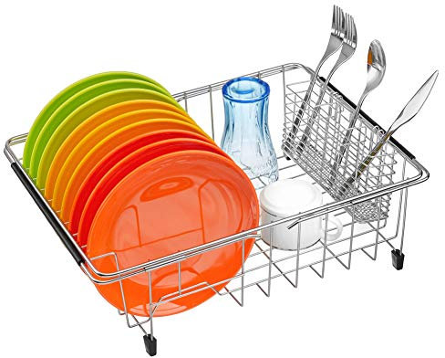 ARCCI Expandable Dish Drying Rack Over The Sink, Large Capacity Sink Dish Rack Drainer Plate Organizer Shelf with Removable Utensil Holder, Dish Drainer Rack for Kitchen Counter, Inside Sink