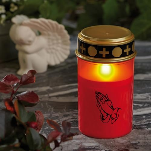 hellum Grablichter LED mit Batterie & Timer rot, Grabschmuck wetterfest