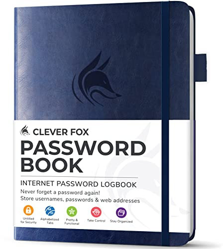 Clever Fox Password Book with alphabetical tabs. Internet Address Organizer Logbook. Small Pocket Password Keeper for Website Logins (Dark Blue)