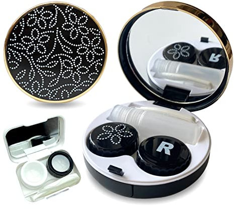Fashion Eyecare 4-in-1 Lightweight Portable Contact Lens case kit with Mirror,Travel Solution Includes Contact Lens Remover Tool with Bottle and Tweezers(White+Black)