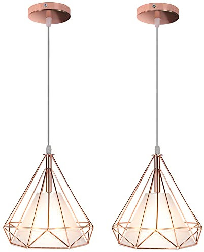 STOEX Set di 2 lampade a sospensione vintage industriali a gabbia a forma di diamante 25 cm E27 retrò lampadario paralumi corda regolabile (rosa)