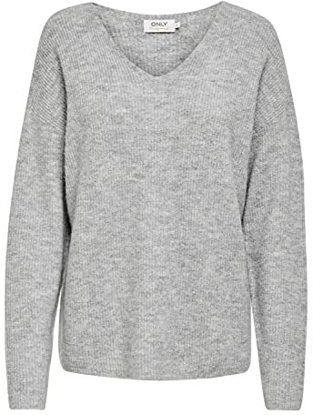 ONLY Damen Warmer Strickpullover | Knitted Basic Stretch Sweater | Langarm V-Ausschnitt Shirt ONLCAMILLA, Farben:Grau, Größe:XL
