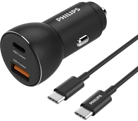 PHILIPS DLP2521C/00 - Autoladegerät mit USB-A und USB-C Anschlüss und USB-C Kabel - USB-C to USB-C Kabel 1 Meter - Schwarz
