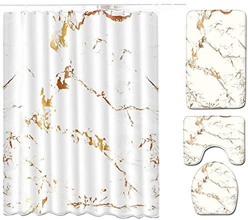 Matching Shower Curtains with Bath Mats Marble Texture Washable Anti Mould Curtain Sets with Toilet Lid Cover,Non-Slip Bathroom Mat, Pedestal Ruds and Waterproof Shower Curtain with Hooks (White+Gold)