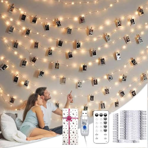 Guirlande lumineuse avec clips photo pour décoration : alimentée par USB, 12 m, 120 LED, 50 clips transparents, étanche, 8 modes, télécommande, minuteur, guirlande lumineuse pour chambre de fille