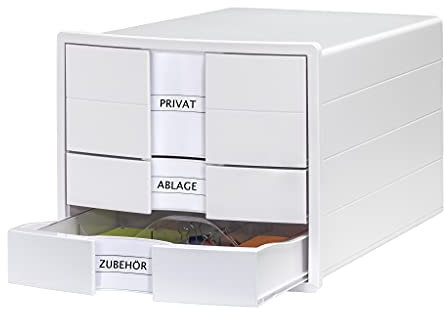 HAN Schubladenbox IMPULS 2.0 mit 3 geschlossenen Schubladen für DIN A4/C4 inkl. Beschriftungsschilder, Unterlagenbox, Boden mit Auszugsperre, möbelschonende Gummifüße, 1017-12, weiß