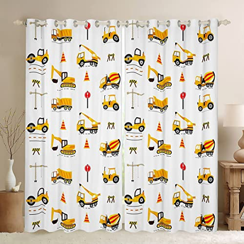 Loussiesd Kinder Vorhänge Karikatur Autos Blickdichte Vorhänge Bagger Traktor Fenstervorhang 175x140cm für Jungs Schlafzimmer Dekor Abstrakte Fahrzeuge Kräne Mikrofaser