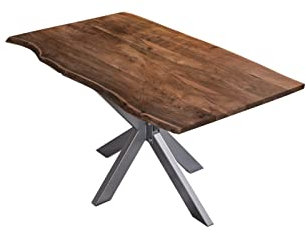 SAM Esstisch 200x100cm Benni, Akazienholz massiv + nussbaumfarben, echte Baumkante, Baumkantentisch mit Spider-Metallgestell Silber, Esszimmertisch mit Tischplatte 26mm