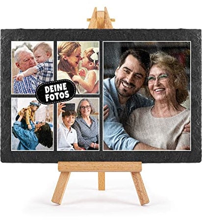 PR Print Royal Schieferplatte selbst gestalten - Foto-Collage mit 5 Fotos bedrucken - Geschenk für Freunde, Familie I Personalisiertes Foto-Geschenk - Schiefertafel mit Staffelei, 20 x 30 cm