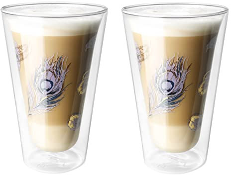 Montepreti Design Latte Macchiato Gläser Pfauenfeder, XXL 450ml, großes doppelwandiges Borosilikatglas Kaffeeglas, auch für Espresso Kaffee Tee (2)