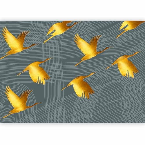 murando - Papier peint panoramique animal 450x315 cm - Revêtement mural décoration salon - Design moderne - Gris marron jaune - Élégantes rayures dorées abstraction grues oiseaux g-C-10103-a-a