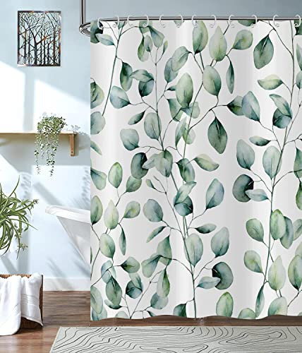 Hnmdmyi Duschvorhang Grüne Blätter 180x200, Salbei Grün Eukalyptus Blätter Duschvorhänge Aquarell Pflanze Botanisch Badewanne Vorhang Wasserdicht Polyester Stoff Waschbar Badevorhang mit Haken