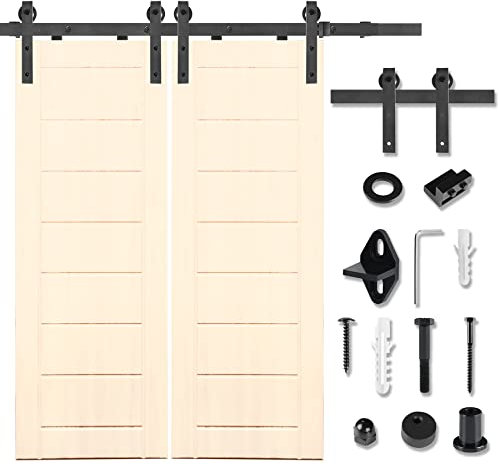 SUBTLETY 366cm Schiebetore Doppelschiebetür Schiebetürbeschlag Set Kohlenstoffstahl Schiebetürsystem inkl. Schiene & Abstandshalter Hängeschiene Belastung bis 130KG für 35-45mm Laufschiene Scheunentor