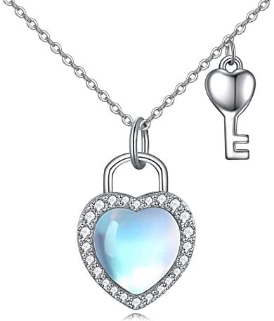 YAFEINI Heart Lock Necklace 925 Sterling Silver Key and Lock Moonstone Necklace Love Heart Pendant Lock Jewelry Gift for Women Girls