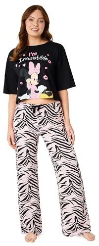 Disney Pigiama Donna - Pigiama Donna Cotone Lungo a Manica Corta S-XL Pigiami Due Pezzi - Regali Donna (Nero/Rosa Minnie, M)