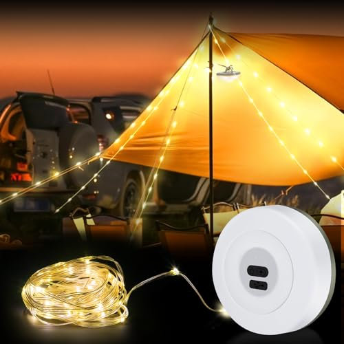 Campinglampe mit 10M LED Lichterkette, Lichterkette Camping Dimmbar, Lichterkette Aufrollbar für Weihnachtlicher Atmosphäre, Wiederaufladbarer LED Zeltleuchte für Camping Party Terrasse Garten