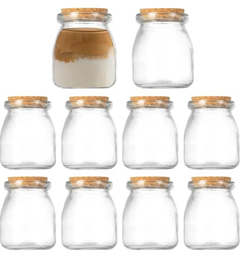 10 Pcs Pots en Verre avec Couvercles 200ml, Petits Bocaux en Verre Conserve Ronds Transparent, Verre Yaourts avec Bouchon en Liège, Bouteilles de Conservation en Verre pour Epices Pudding Cuisine Fête