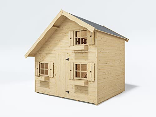 Belladoor Kinderspielhaus Tom aus 15 mm Naturbelassenem Holz mit zweiter Ebene und 4 Fenstern inkl. Fußboden 260 x 253 x 228 cm
