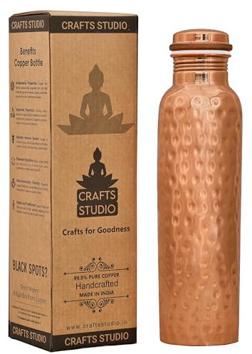 CRAFTS STUDIO Botella de agua de cobre puro, diseño martillado a prueba de fugas, botella de agua grande de boca ancha, recipiente ayurvédico de cobre puro para beber (34 onzas/1 L)