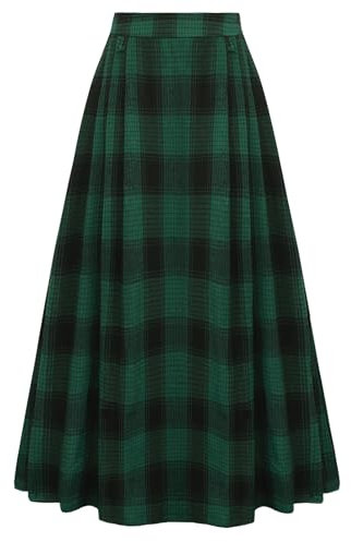 Damen Mittelalter Rock Plaid Elastische Taille A-Linie Festlich Langer Rock Schwarz Grün L