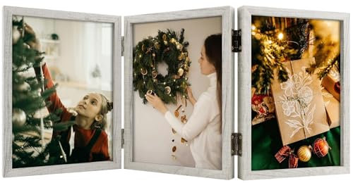 Dreifach-Bilderrahmen, 3 klappbare Bilderrahmen, Triptychon-Bilderrahmen, vertikaler Ständer auf Schreibtisch oder Tischplatte, weiß gekalkte Eiche, 12,7 x 17,8 cm