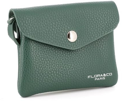 flora & co - Petit Porte-Monnaie Cartes Similicuir Souple - Portefeuille Pochette Rabat Zip avec Crochet Porte-clé - Pratique Léger - Vert