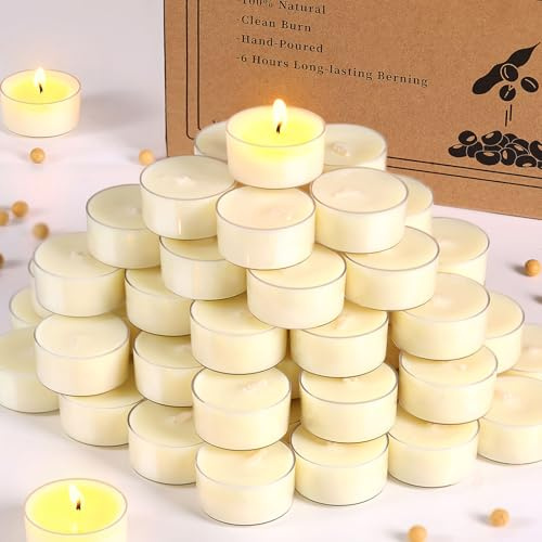 Simeitol 50 Pcs Soy Wax Tealight Candles (6 Hour Burn Time) White Unscented Votive Candles, Smokeless & Extended Burn Time Clear Cup Tea Lights for Weddings, Home, Emergencies