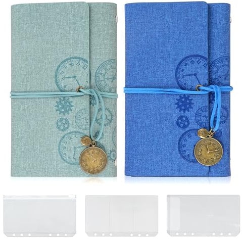 Mulaibdin 2 Stk Notizbuch Leder, Vintage Reisetagebuch, Leder Tagebuch für Erwachsene, Ringbuch A6 Nachfüllbar Antikes, Travelers Notebook mit Bindertaschen, Journal Buch für Geschenke (Grün/Blau)