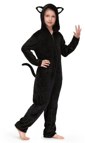 BesserBay Kinder Onesie Plüsch Overall mit Kapuze Ohren Reißverschluss Tier Jumpsuit Katze Schwarz 7-8 Jahre