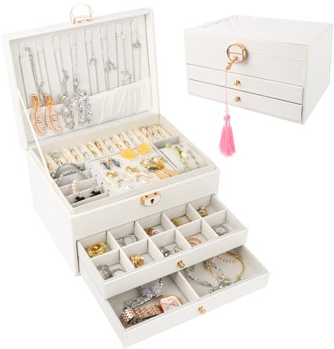 TNOMSNO Joyeros Mujer Organizador, Organizador Joyas 3 Niveles Caja Joyero Organizador, Joyero Mujer Joyeros Mujer Organizador Grande para Anillos, Pendientes, Collares
