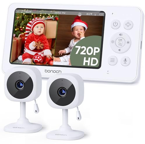 bonoch Babyphone mit 2 Kameras, 4,3 Zoll 720p Video Babyphon ohne WLAN, 4000mAh Akku, Nachtsicht, Beidseitige Audiofunktion, VOX-Modus, Temperatursensor, 8 Schlaflieder, 2X, 3X, 4X Zoom