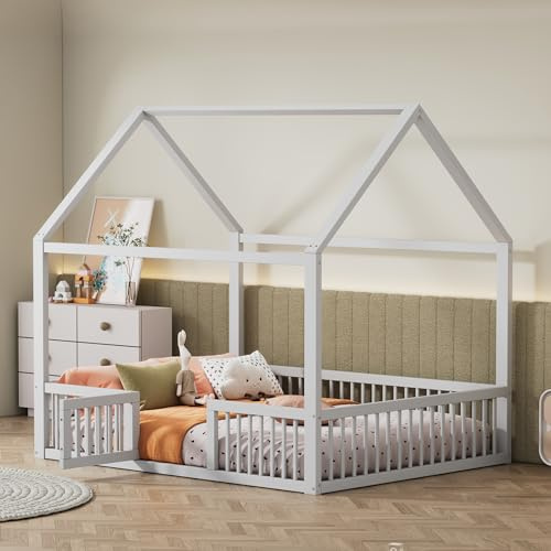 Gegtuon Doppelbett Bett 140x200 cm, Hausbett Holzbett mit Dach und Zaun Türen, Bett Bettgestell mit Lattenrost und Rausfallschutz, Bodenbett Bettrahmen für Jungen und Mädchen, ohne Matratze, Weiß