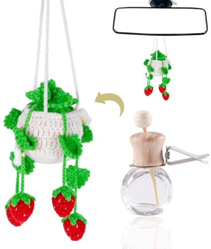 NAESM Cute Potted Plants Car Mirror Hanging Accessories, Car Air Freshener Hanging, 10ml Empty Refillable Car Diffuser Bottle, Crochet Accessories Car Decor