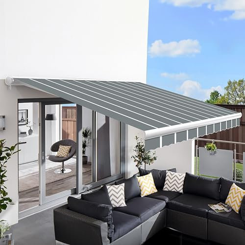 Primrose 3.5m x 2.5m Electric Awning Full Cassette DIY Patio Awning Gazebo Canopy Waterproof UV protection Complete with Fittings and Winder Handle Pin Stripe Grey