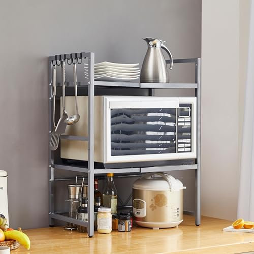 Pantanal 3 Tiers Microwave Oven Shelf Stand Expandable Grey, Countertop Kitchen Metal Storage Unit Shelving Adjustable Spice Racks Printer Stand Freestanding Home Office Desktop (3 tiers grey)