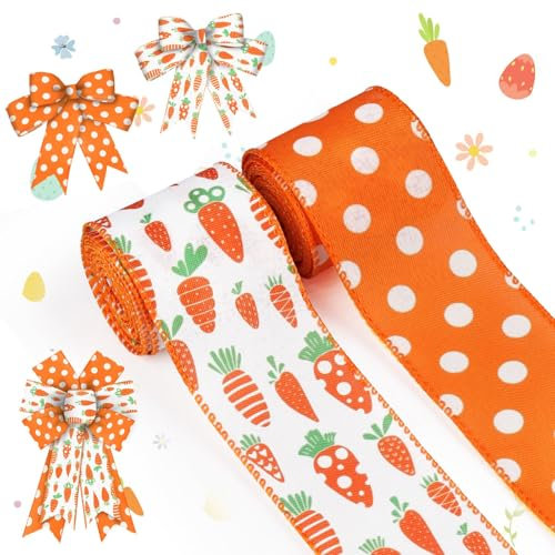 WEITAPYT Osterband, 2pcs Dekoband Ostern, 2,5 Zoll Breit, 5 Yards Lang, Polyester, Orange, Gepunktet, DIY Geschenk Dekoration Handwerk Partybedarf