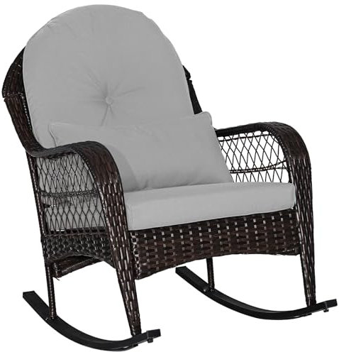 COSTWAY Garden Rattan Rocking Chair, Wicker Rocking Armchair Relax Rocker Lounge Chair with Lumbar Pillow & Cushion, Outdoor Furniture Patio Rocking Seat for Porch Lawn Deck (Grey, 99x72x90cm)